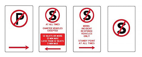 A range of parking signs displaying 'no parking' notices