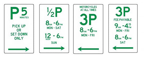 A range of parking signs with various time limits.