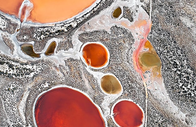 Aerial photo of colourful Pithara Salt Lakes near Dalwalinu
