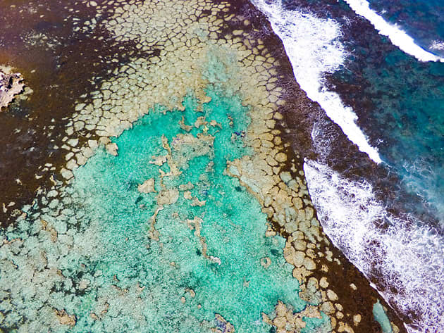 An arial view showing the point where rolling waves meet the Lancelin reef.