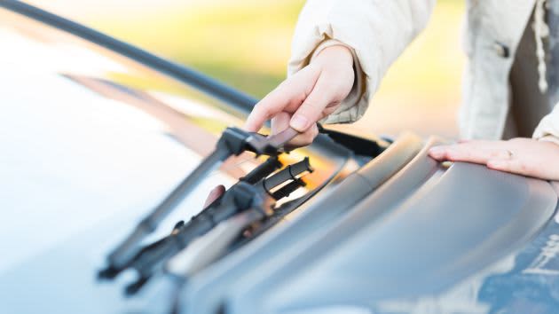 Hand holding car windscreen wipers