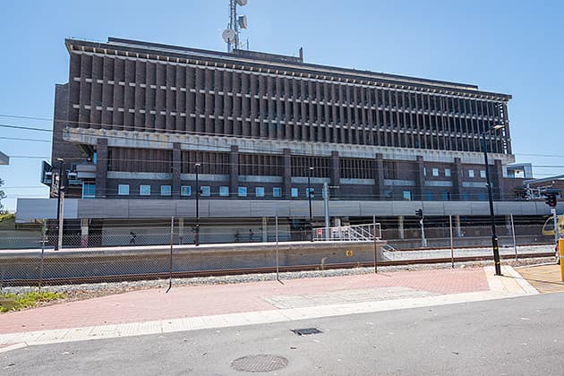 The roadside view of the Public Transport Centre building, East Perth