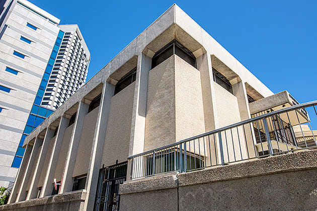 The sharp corners of the exterior walls and roof of the Christian Science Sunday School, Perth