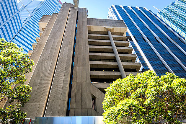 The concrete exterior of brutalist building at 150 St Georges Terrace, Perth