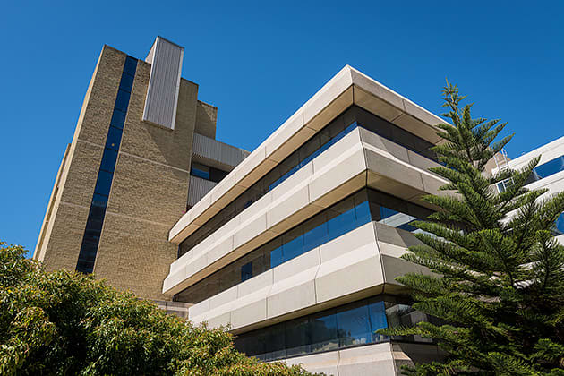 The concrete and glass exterior walls of the Royal Perth Hospital North Block.