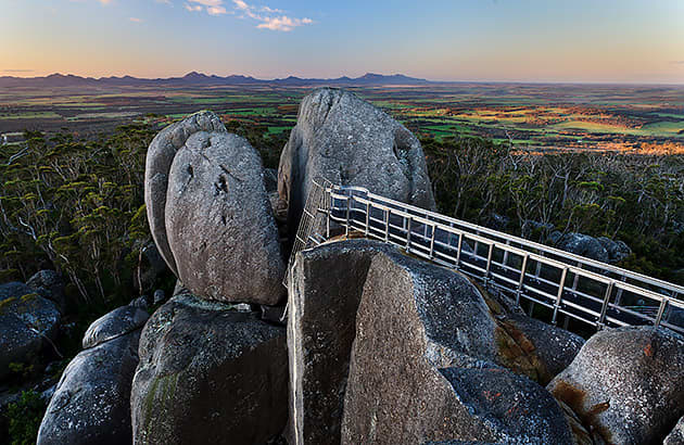 An aerial view of the Granite Skywalk at sunset