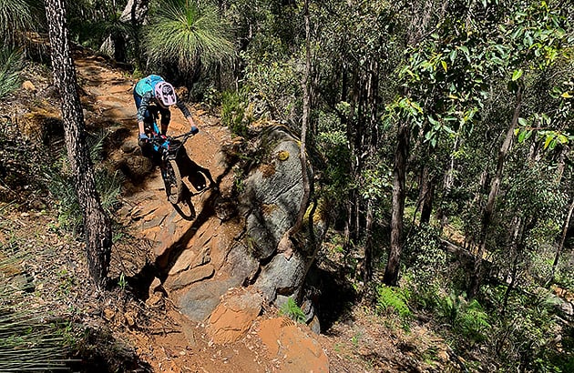 A mountain bike rider on a rocky trail in Collie