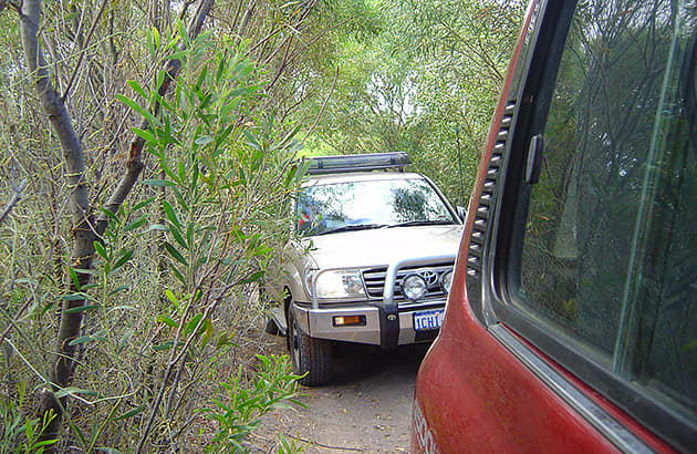 Two four-wheel drives following each other through scrub