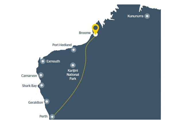 A map of WA with Broome pinpointed