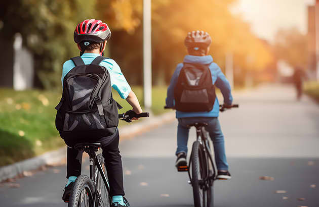 Two young boys riding to school on a path