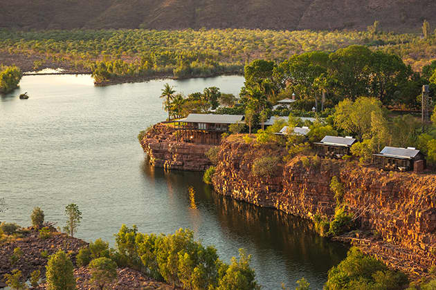 The El Questro Homestead is perched upon a cliff face overlooking water