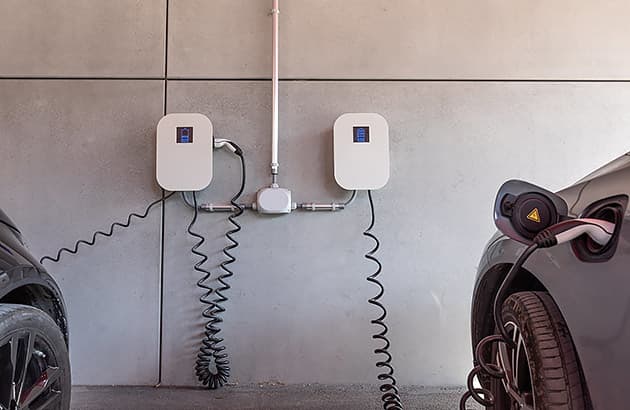 Two electric car wallboxes mounted on a carport wall