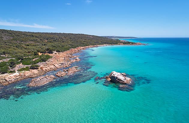 An aerial view of the coast at Meelup Beac