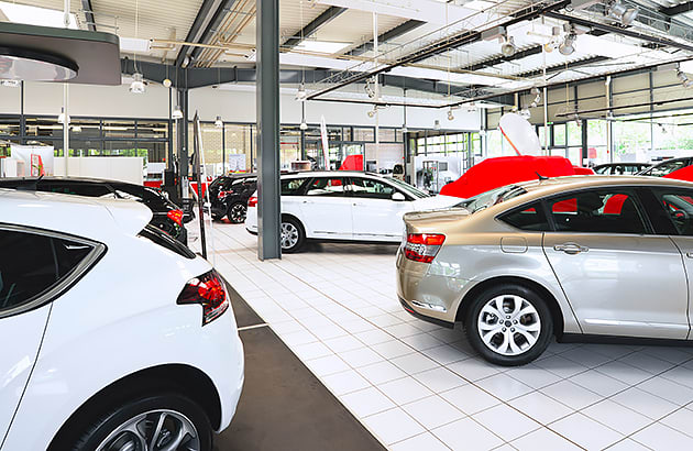 New cars in a car a modern car dealership showroom