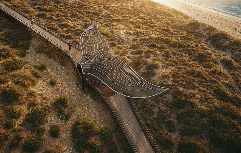 Artist impression of coastal boardwalk during daytime