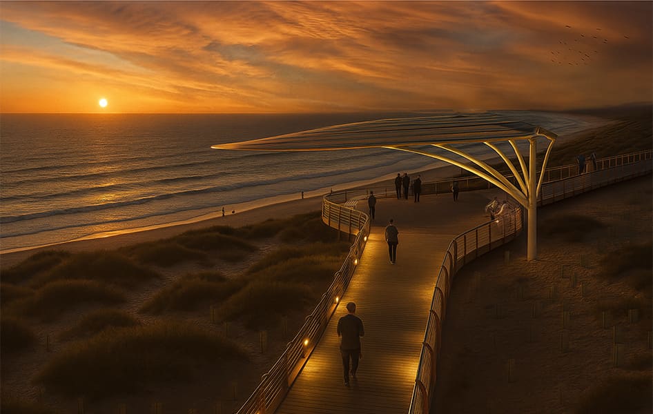 Artist impression of coastal boardwalk at night