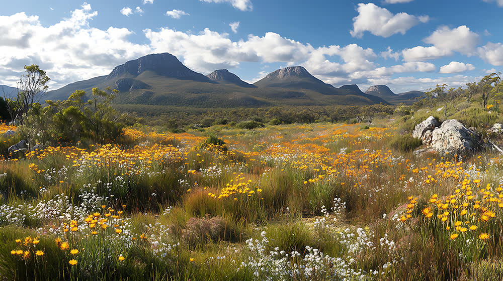 Wildflowers in the foreground with the Porongurup Range in the background