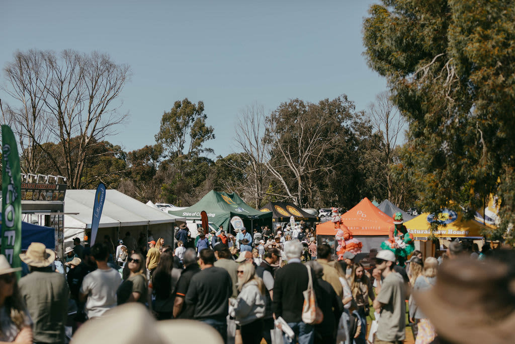 An outdoor community festival bustling with a large crowd of people walking between market stalls and food trucks under a clear blue sky. Various colored event tents and flags, including a green marquee labeled "Shire of Chittering," are pitched along the festival grounds. Large eucalyptus and deciduous trees surround the area, adding a natural backdrop to the busy event.