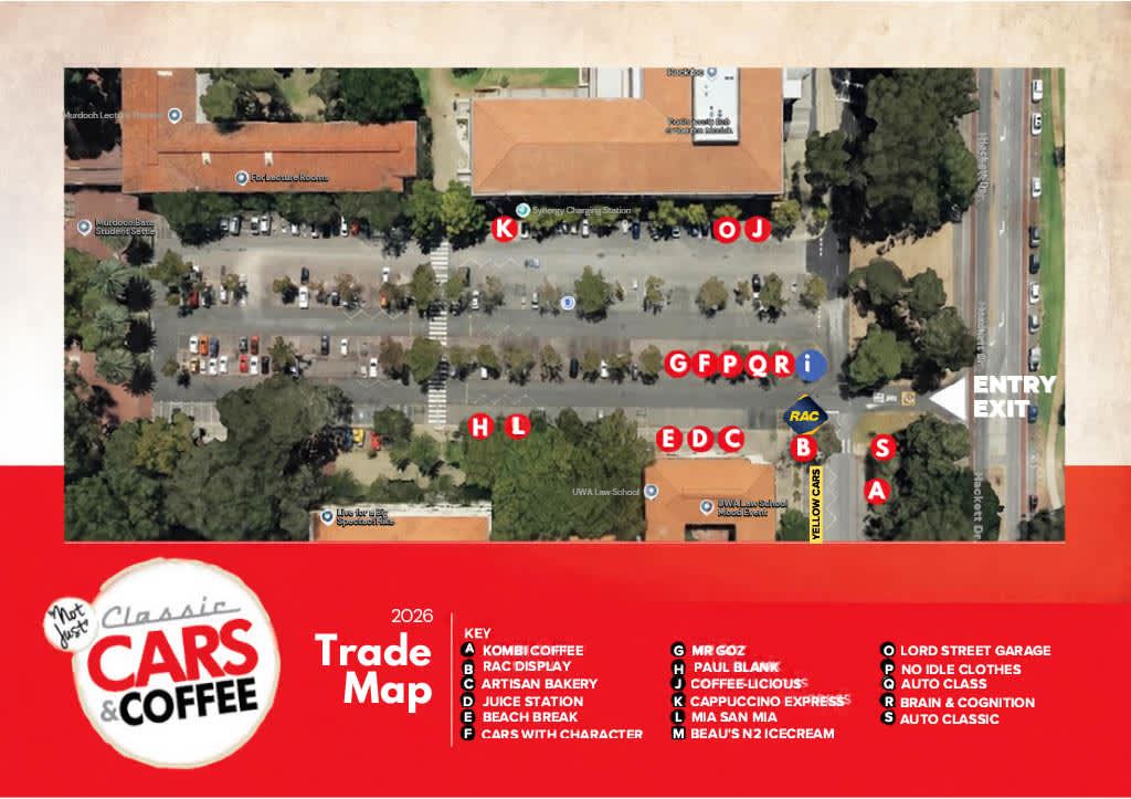 Map showing where various stalls at Classic Cars & Coffee will be.