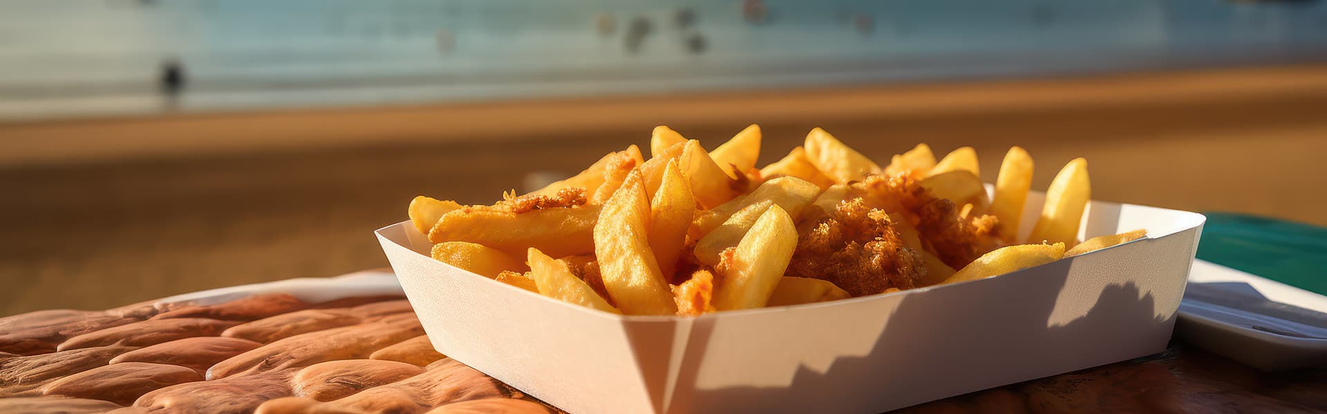 A carton of fish and chips with the beach in the background