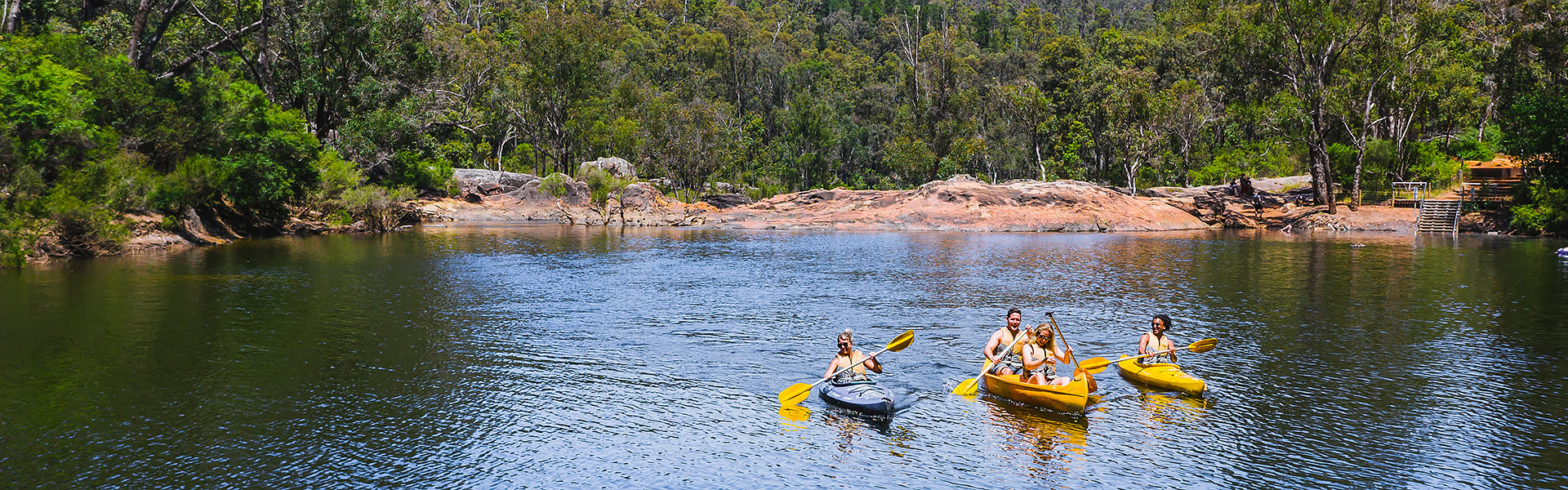 People canoeing across a river in a forested area in Dwellingup