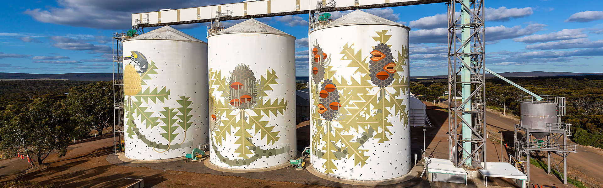 A close-up view of the painted grain silos in Ravensthorpe