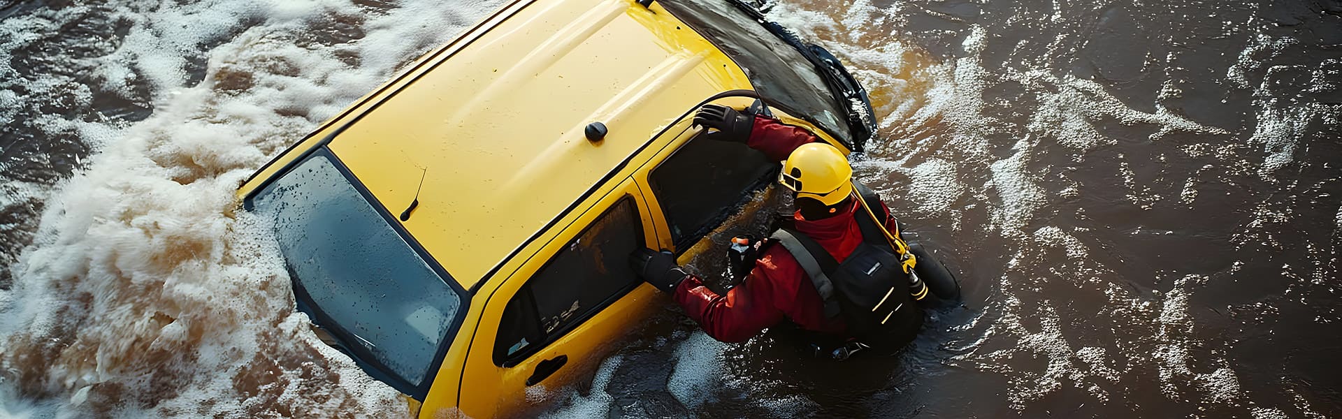 A rescuer trying to reach car occupants trapped in fast-moving waters