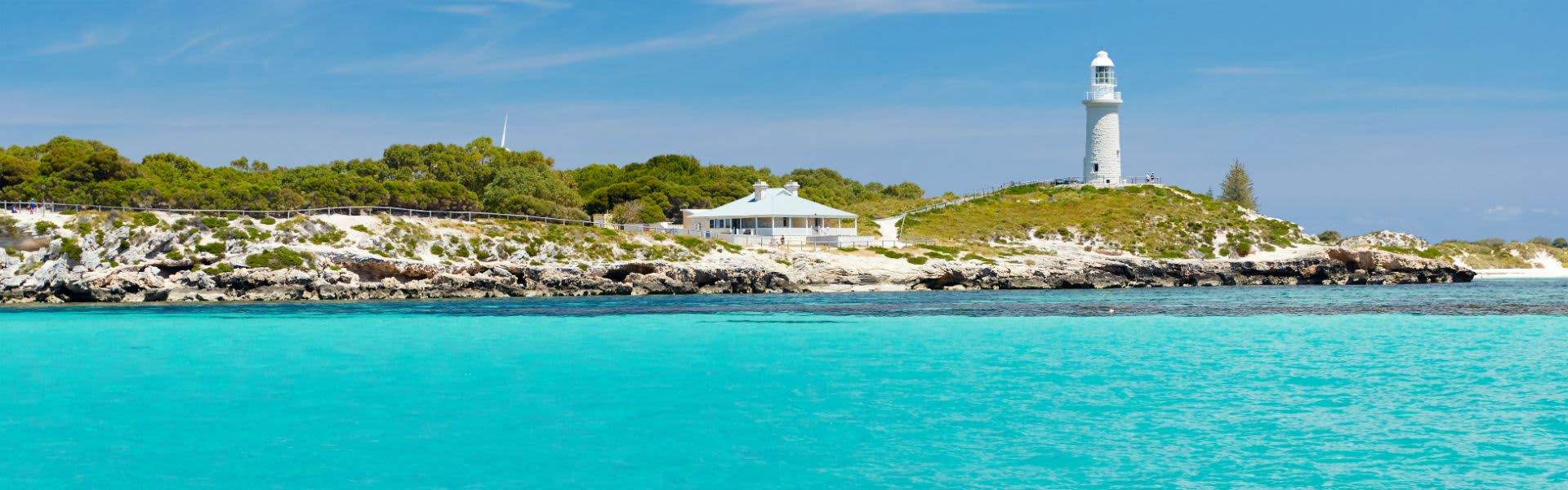 A lighthouse on Rottnest Island as viewed from the ocean