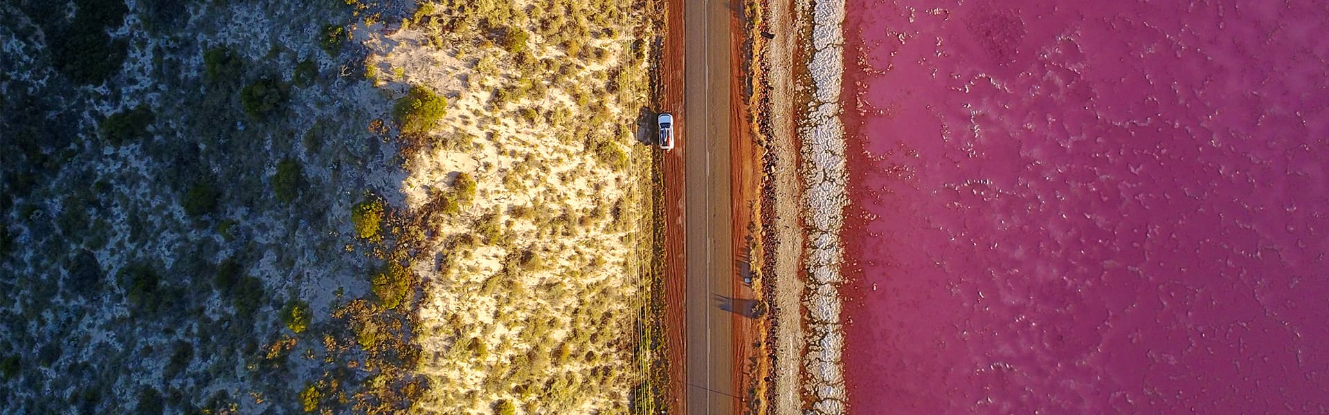 A drone shot of Port Gregory's Pink Lake 