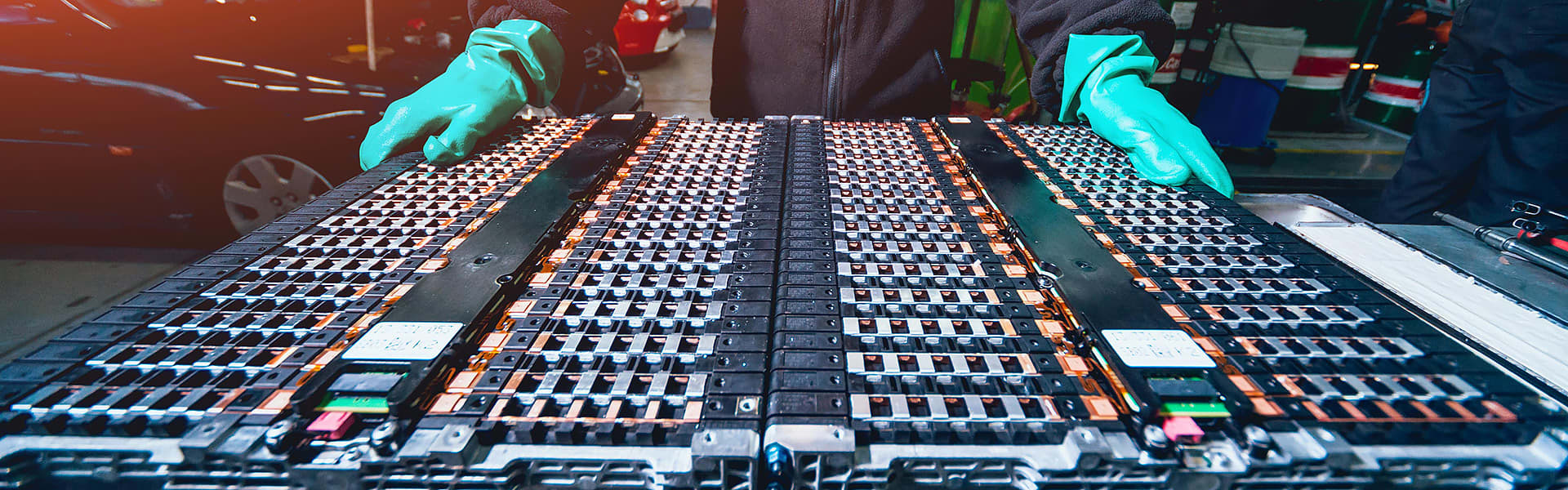 An EV battery on a workshop bench