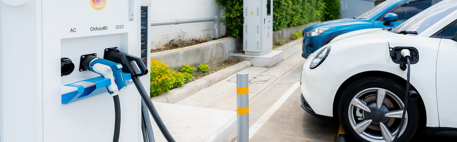 Two EVs charging at a public EV charging station
