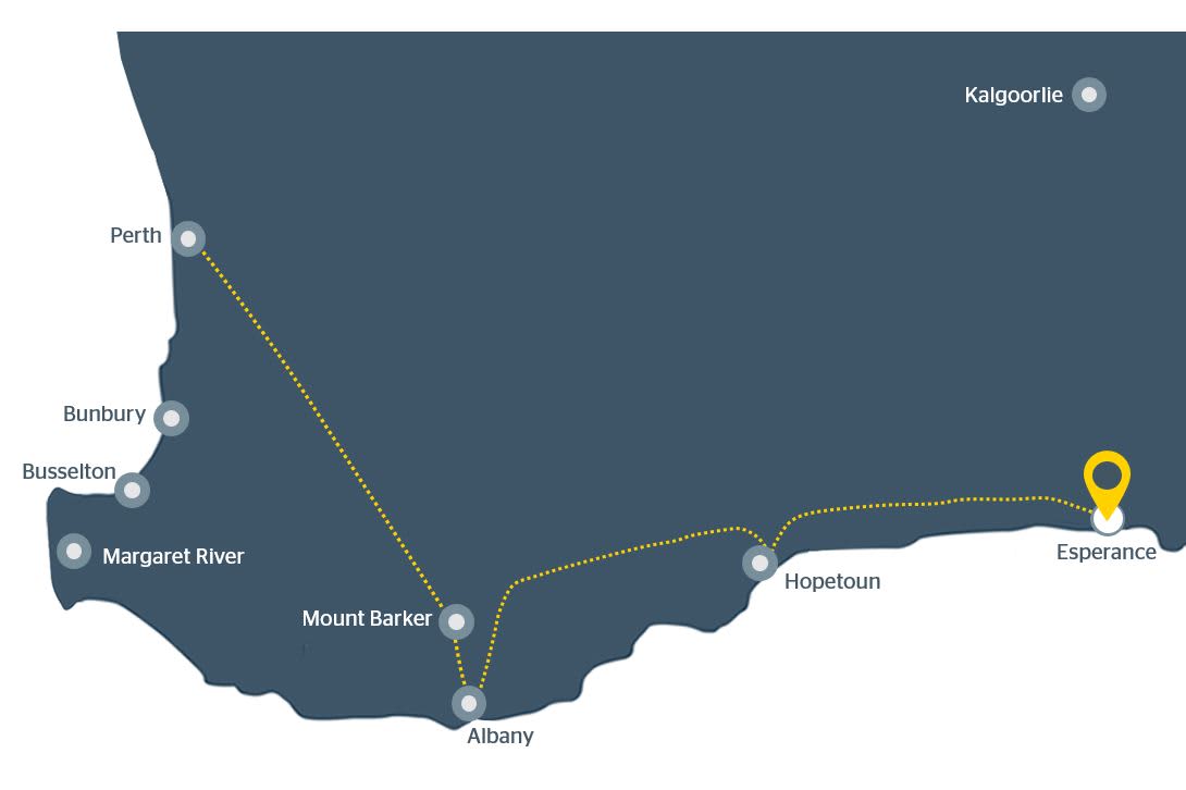 Map showing the driving journey between Perth and esperance