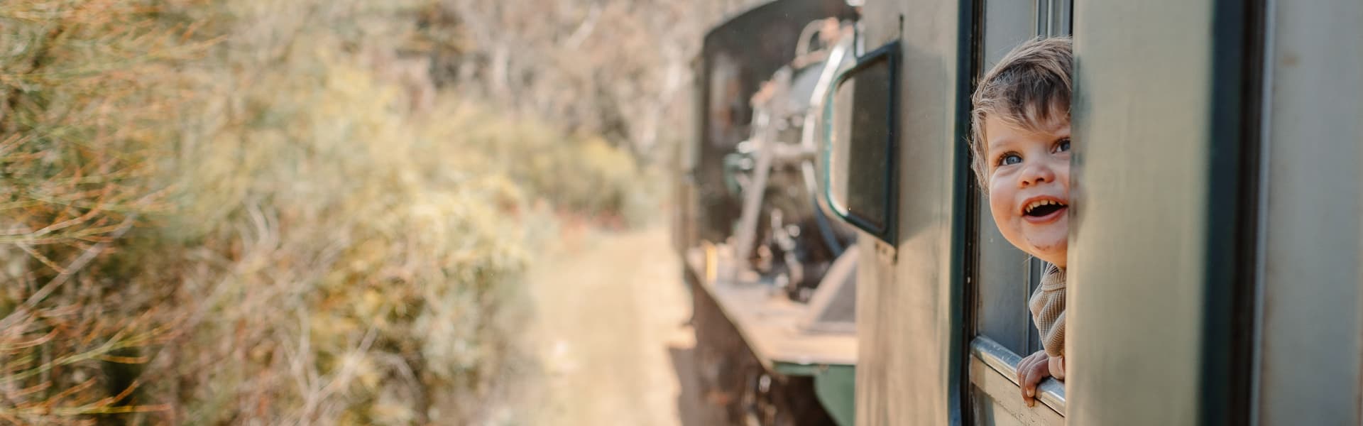 Hotham Valley Railway steam train young boy smiling in window