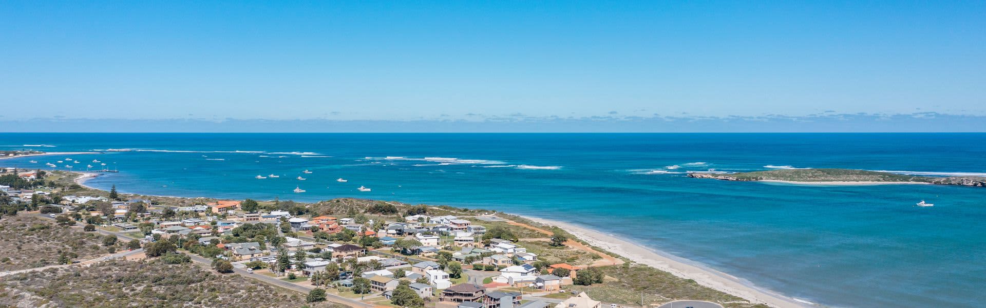 Aerial view of coastline and town centre of Lancelin