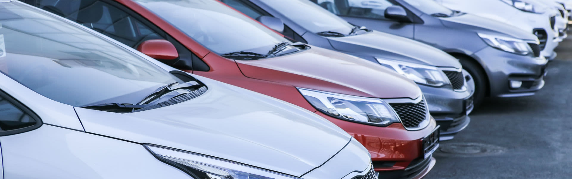 A row of new cars at a dealership