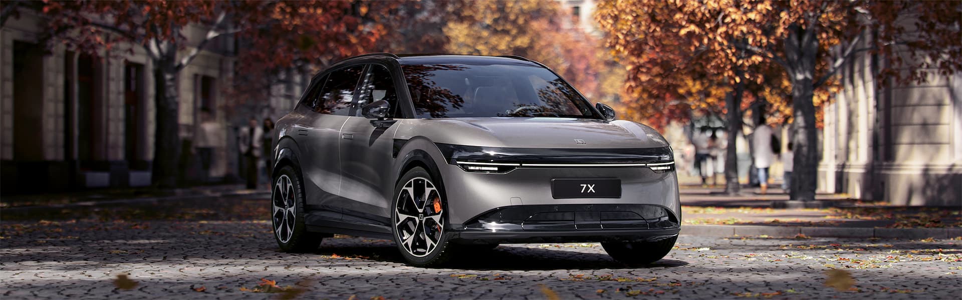 A grey Zeekr 7X parked on a leafy city boulevard