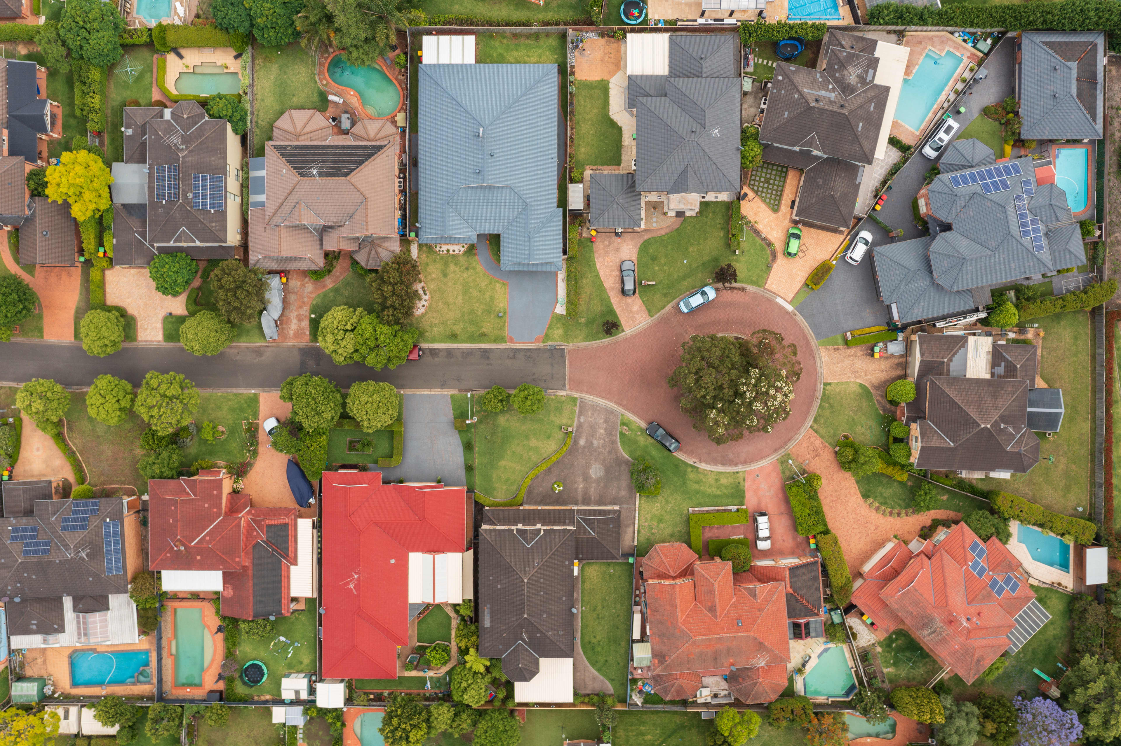 Aerial view of cul de sac in Kellyville, Sydney, Australia