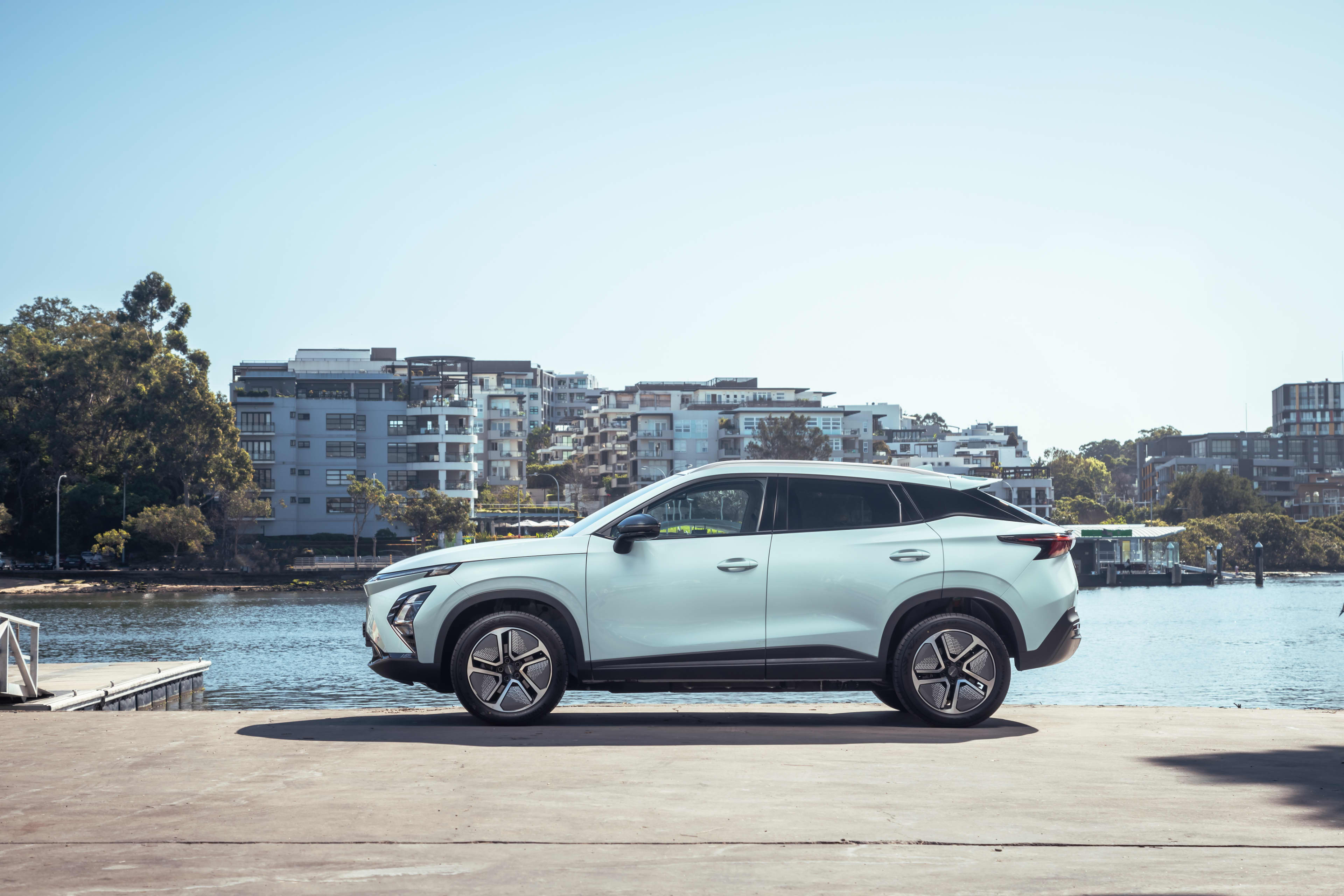 A Chery Omoda 5 parked by a harbour