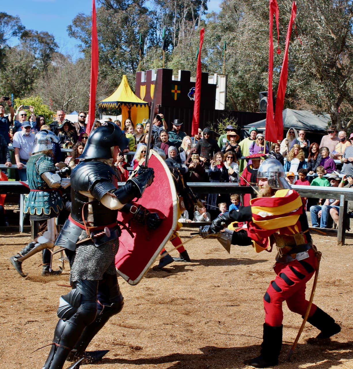 Two people dressed in medieval costume jousting at the Balingup Medieval Carnivale