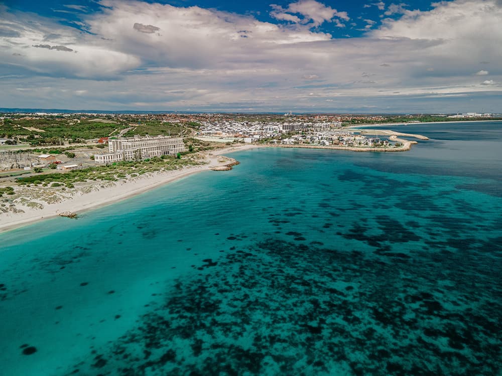 An aerial image over the southern end of CY O'Connor Beach