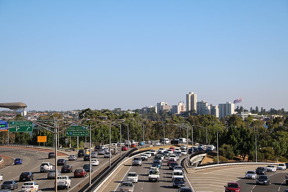 Cars on Kwinana Freeway seen travelling in both directions.