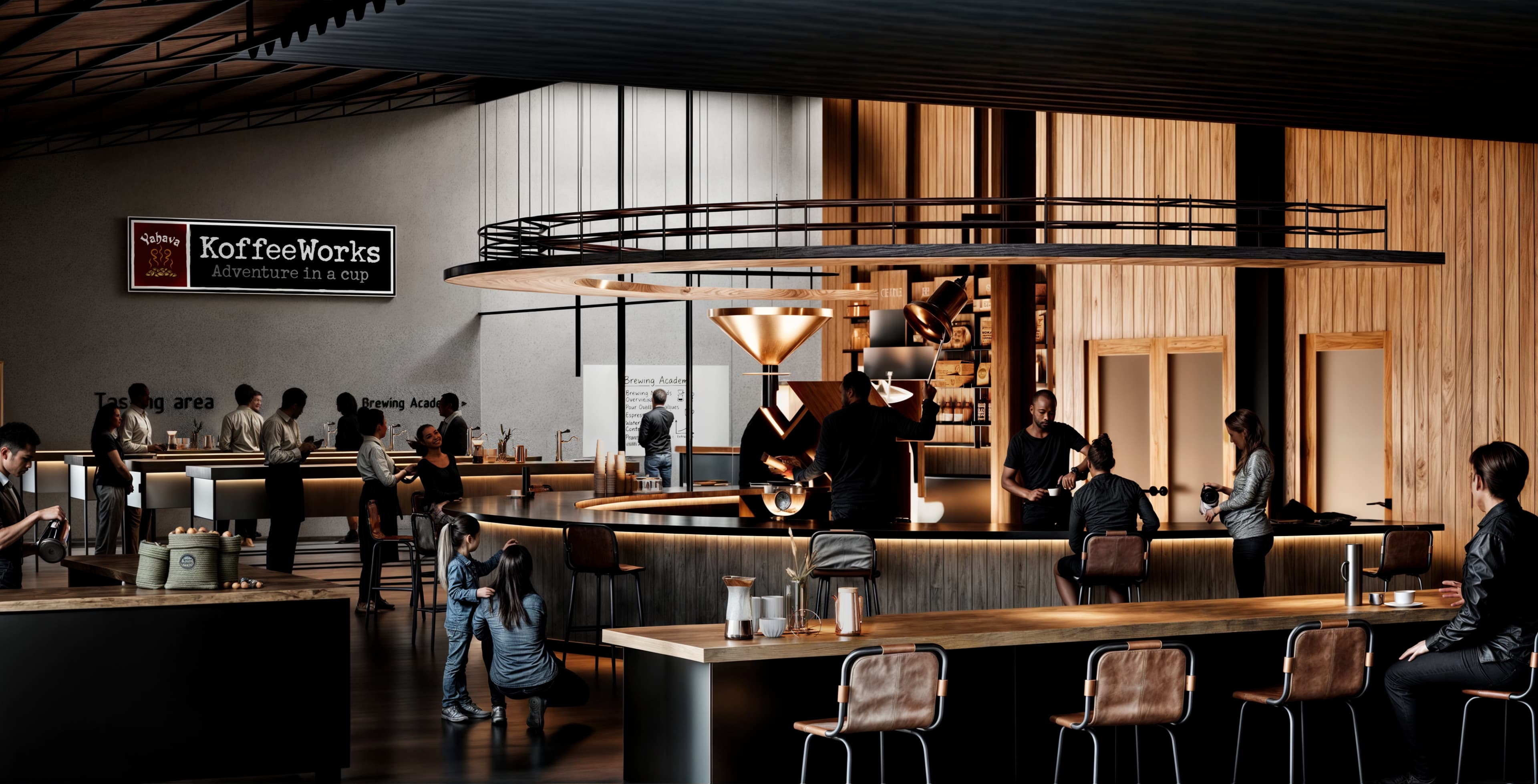 An artists impression of inside the new Yahava KoffeeWorks roastery featuring people drinking coffee at bar chairs in a dimly lit modern venue