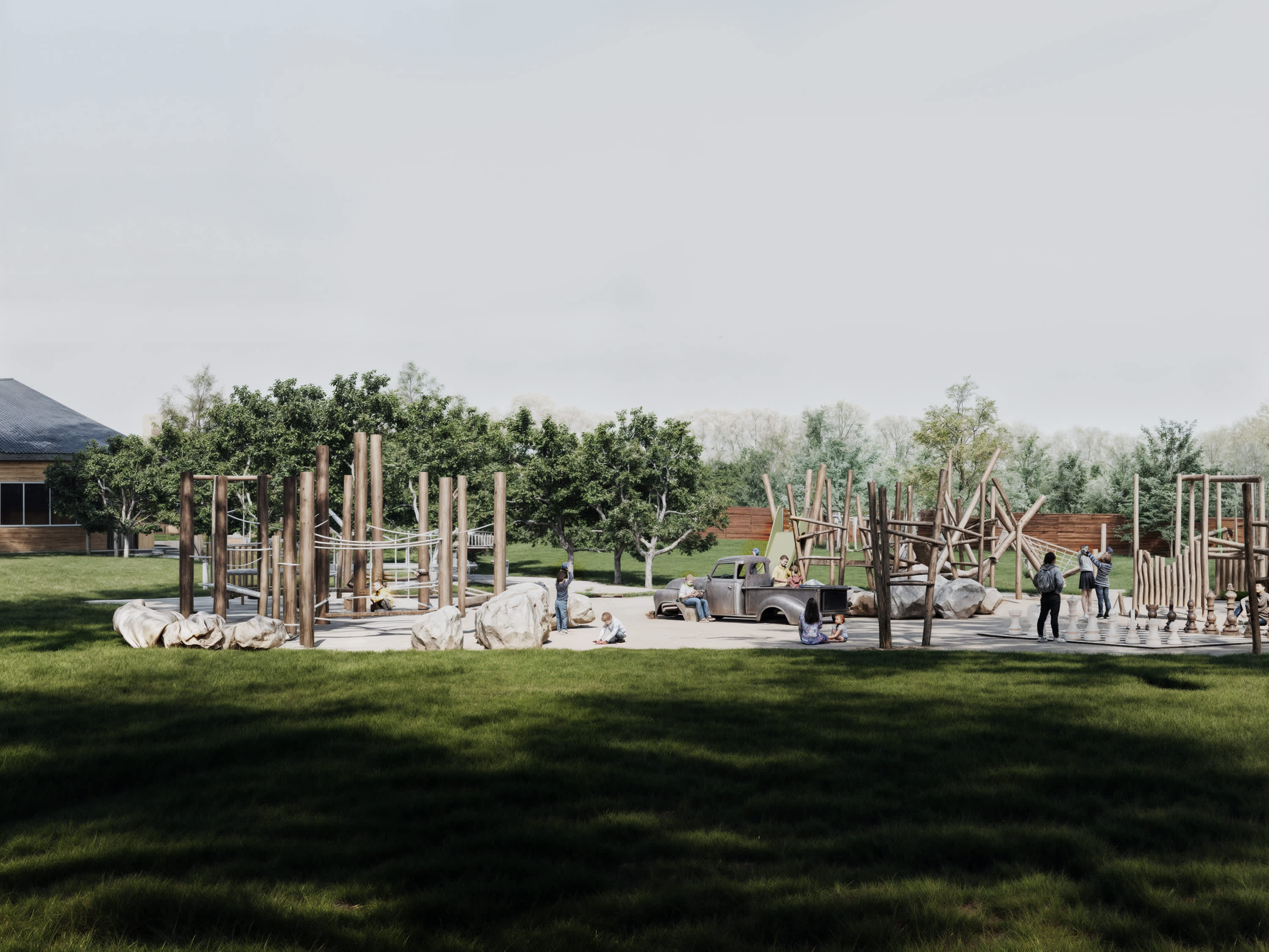 An artist impression of a new nature playground surrounded by green trees and lawn with children playing