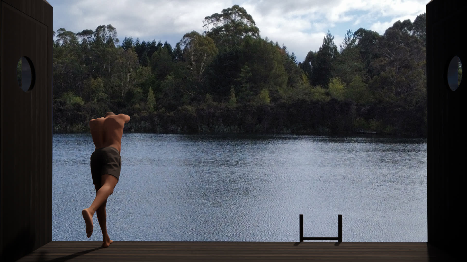 An artists impression of a man diving into the water from a sauna deck