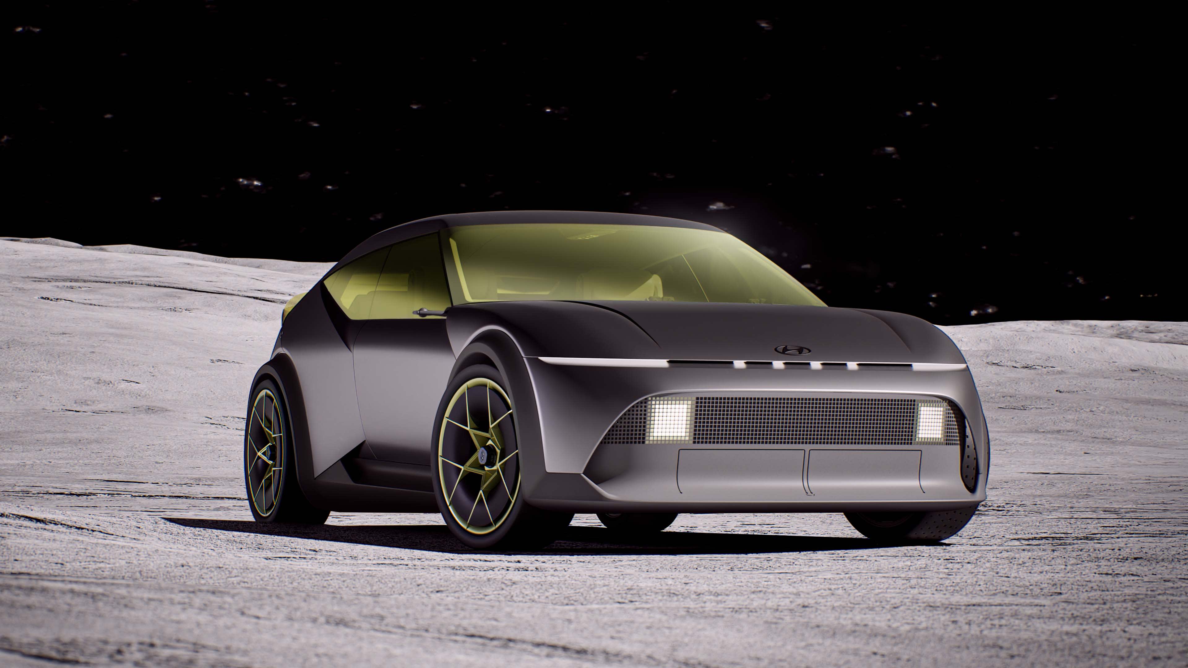 A Hyundai concept car in a lunar-like landscape