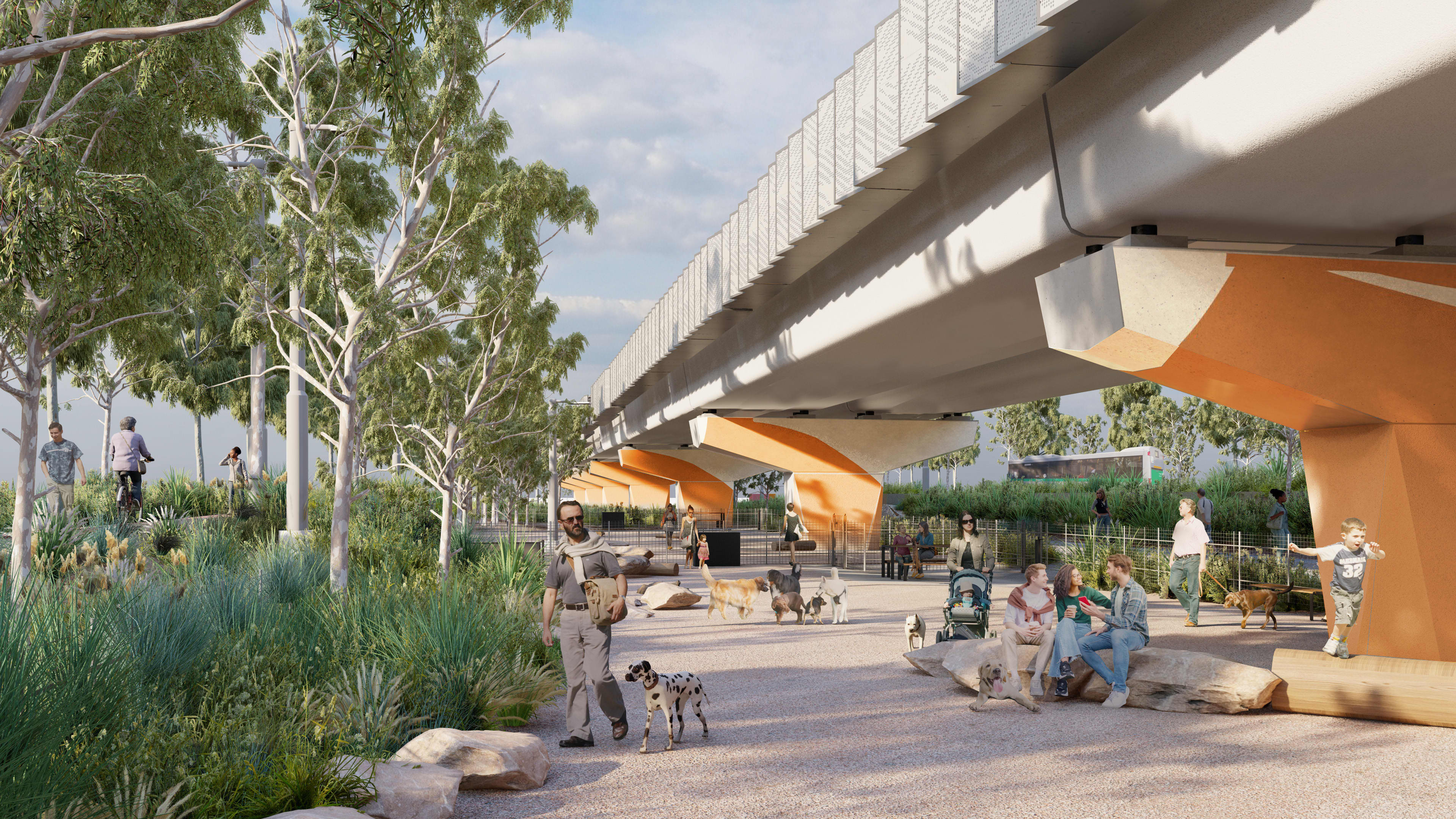 Artist impression of people sitting underneath elevated train line, mingling and walking their dogs.