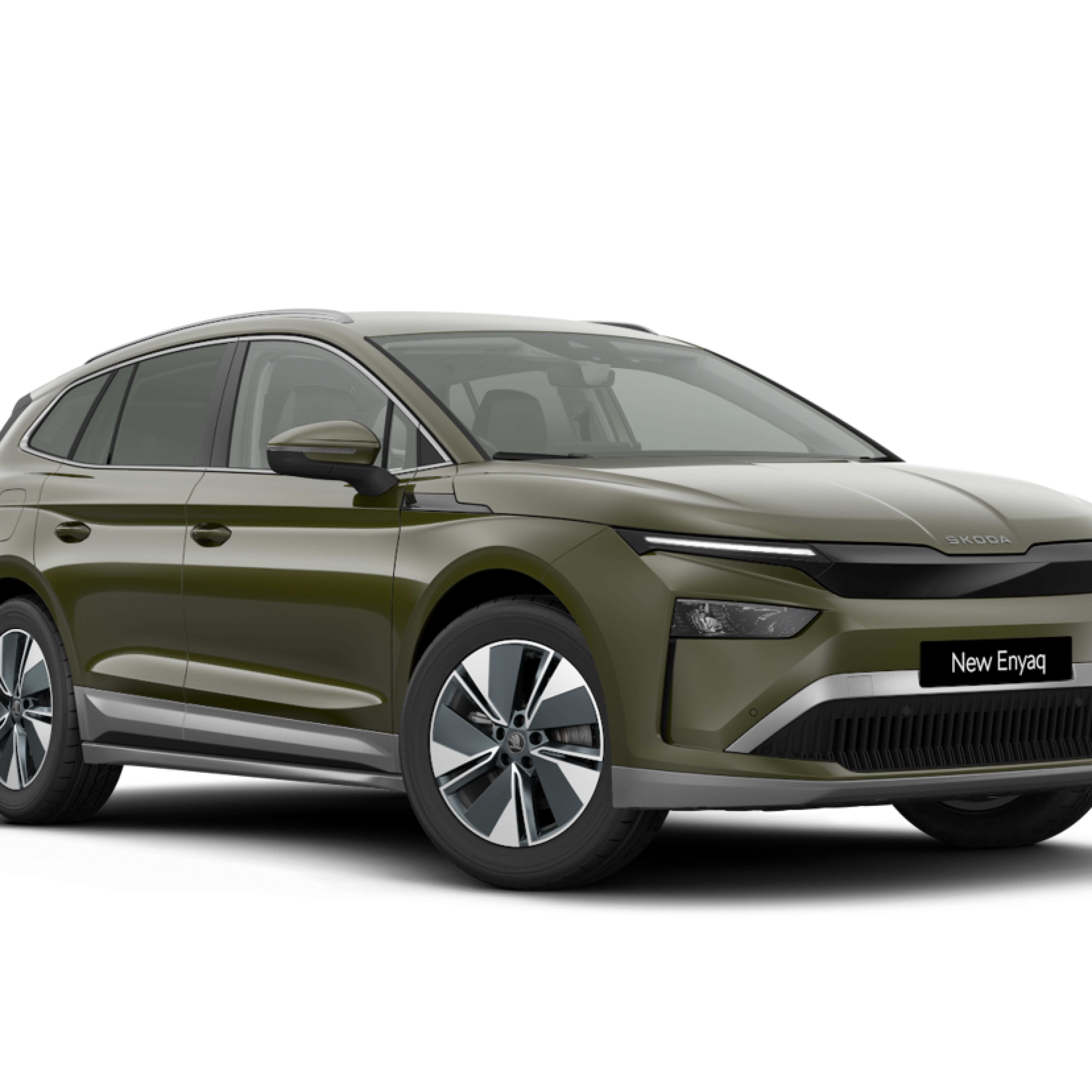 A green Skoda Enyaq viewed from the front
