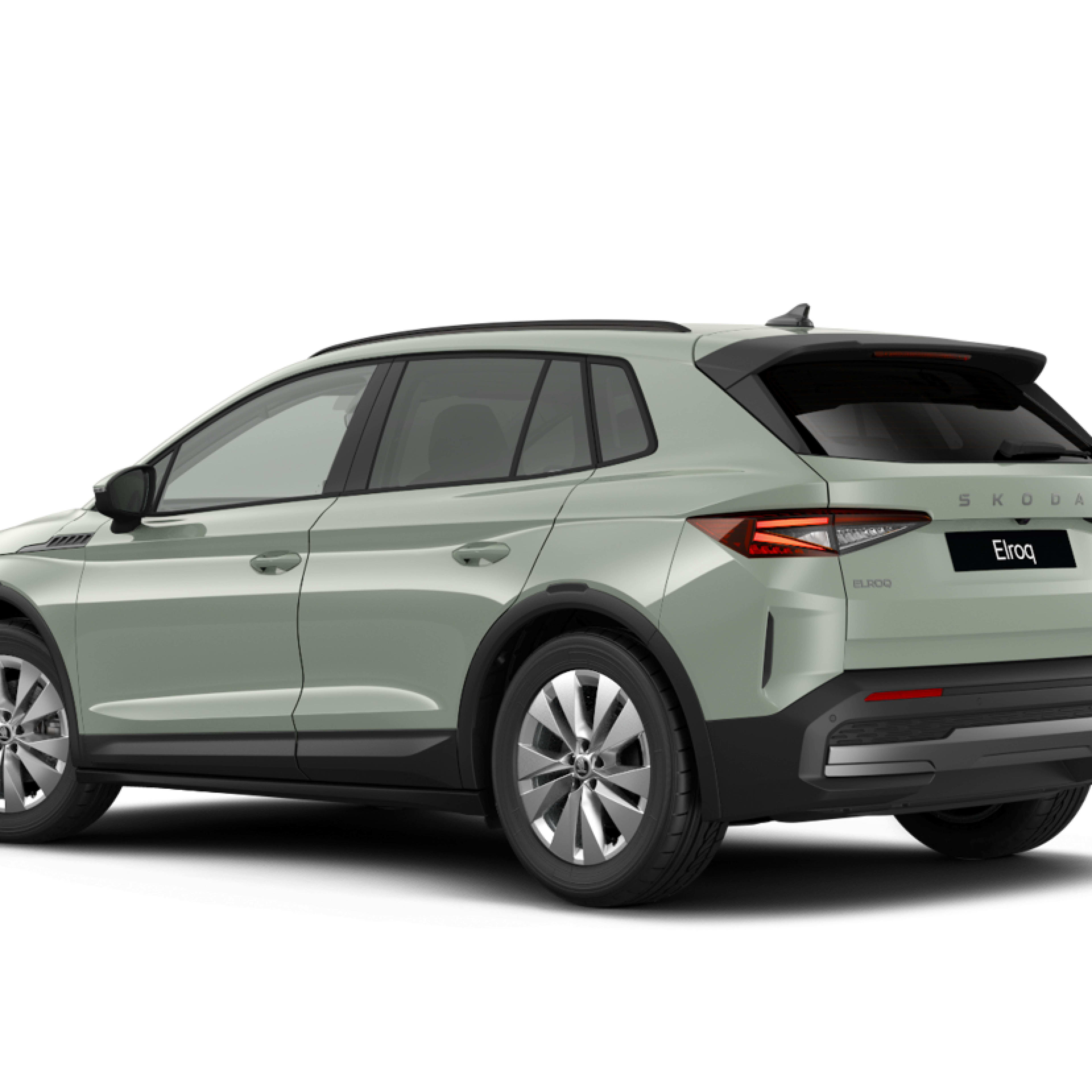 A green Skoda Elroq EV viewed from the rear