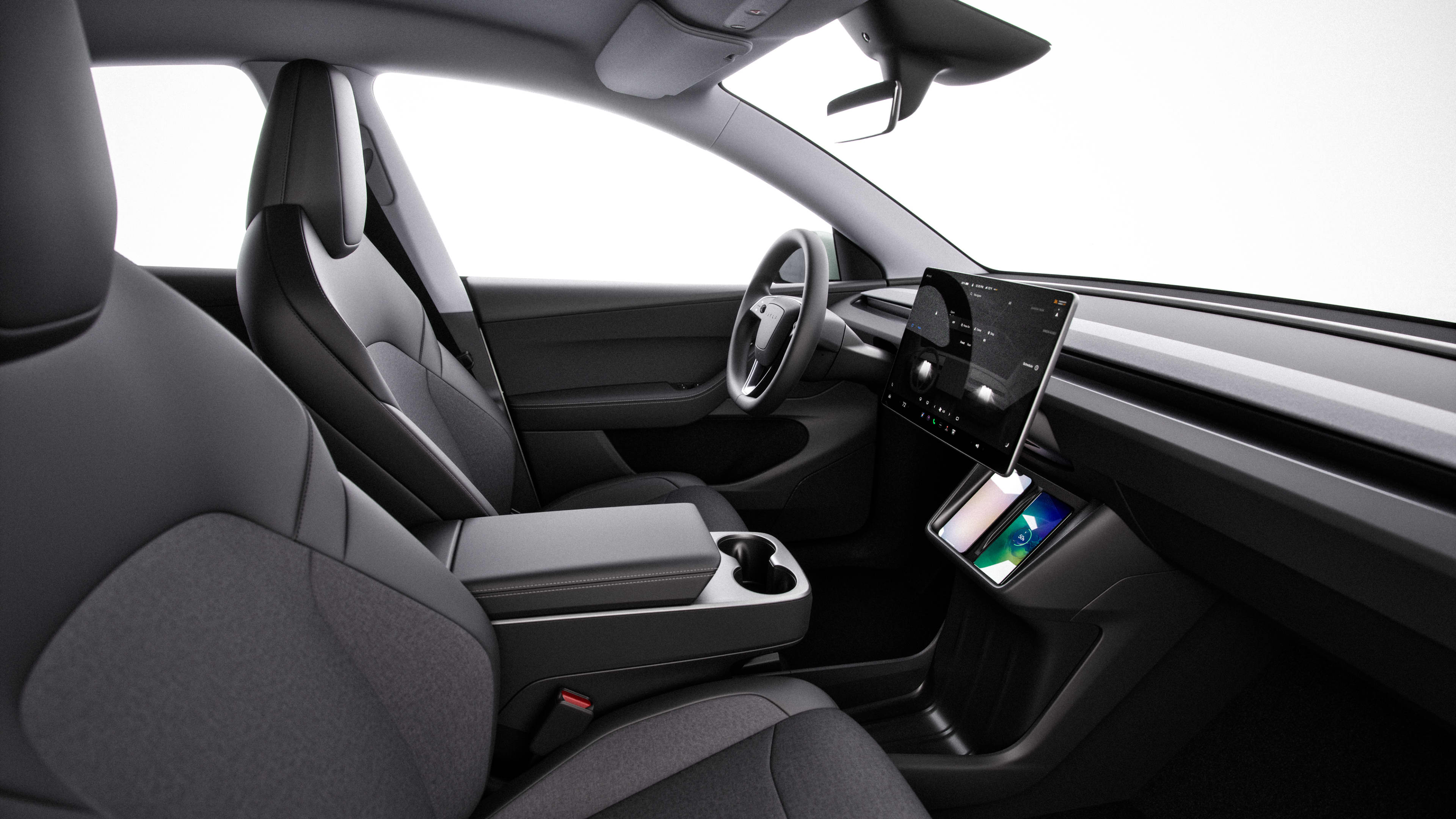 The front interior of a Tesla Model Y