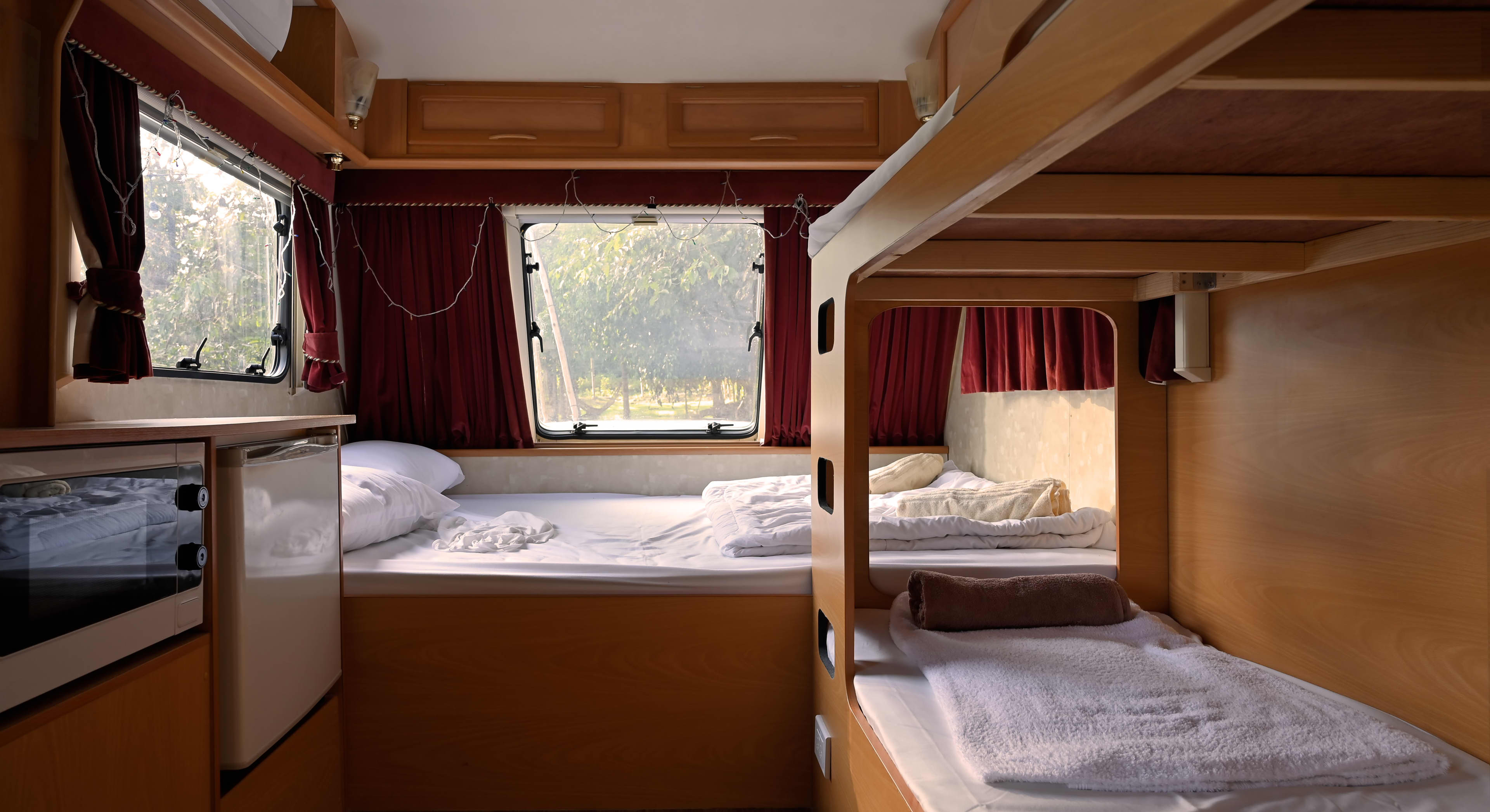 The interior of an older-style caravan